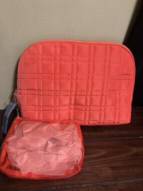 Sonia Kashuk Large 2-Piece Makeup Toiletry Bags Coral Quilted Zippered